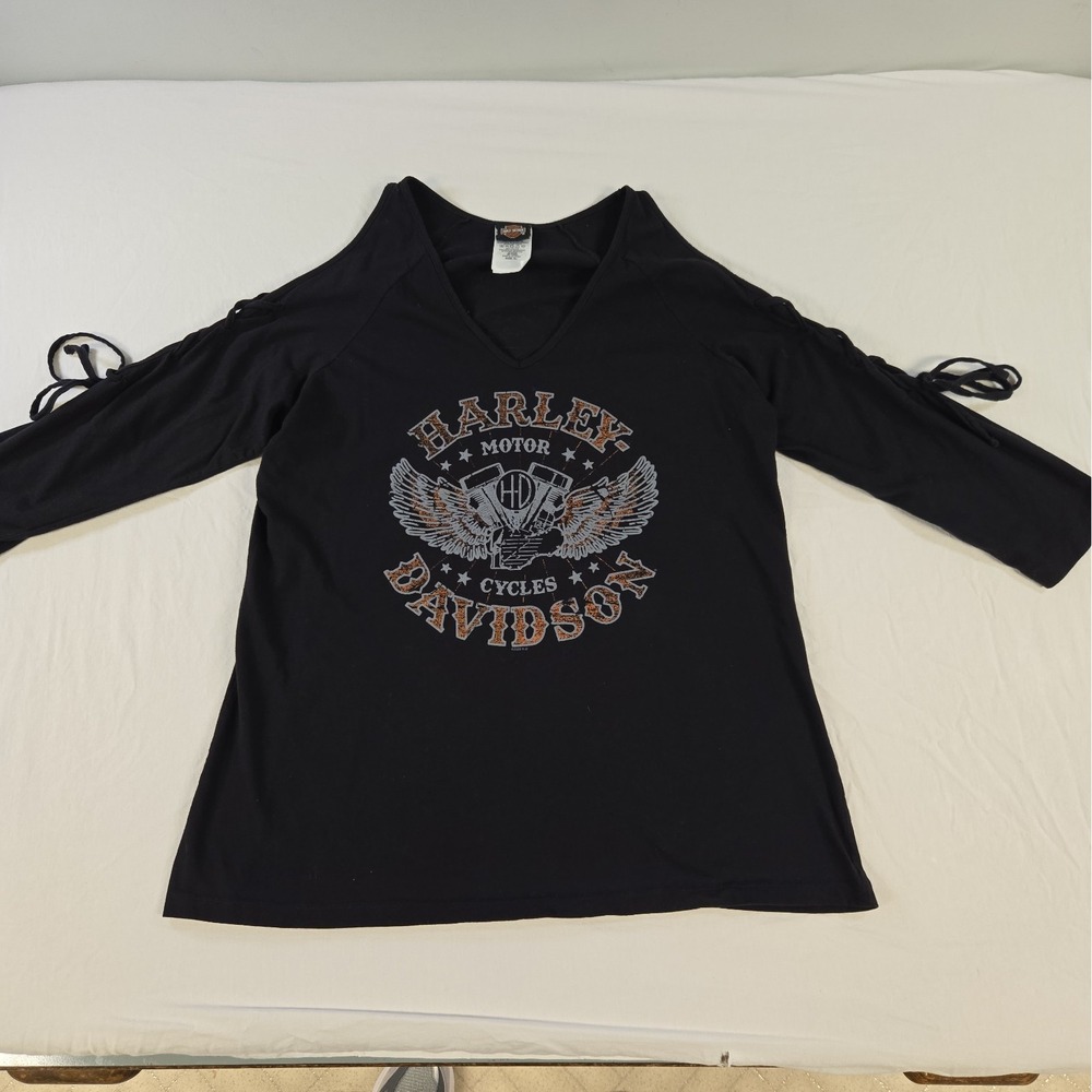 Harley Davidson Womens Long Sleeve T-shirt Size XL Open Shoulders Laced Sleeves